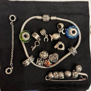Pandora 925 Silver Charm Bracelet with Green and Blue Glass Accents